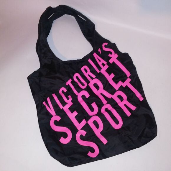 Victoria's Secret Handbags - Victoria Secret Sport Tote Bag Nylon Black Neon Pink 2 Hair Ties 14" x 16"